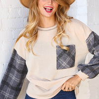 Plaid Knit Pocket Top with Reverse Stitch Detail