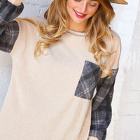 Plaid Knit Pocket Top with Reverse Stitch Detail