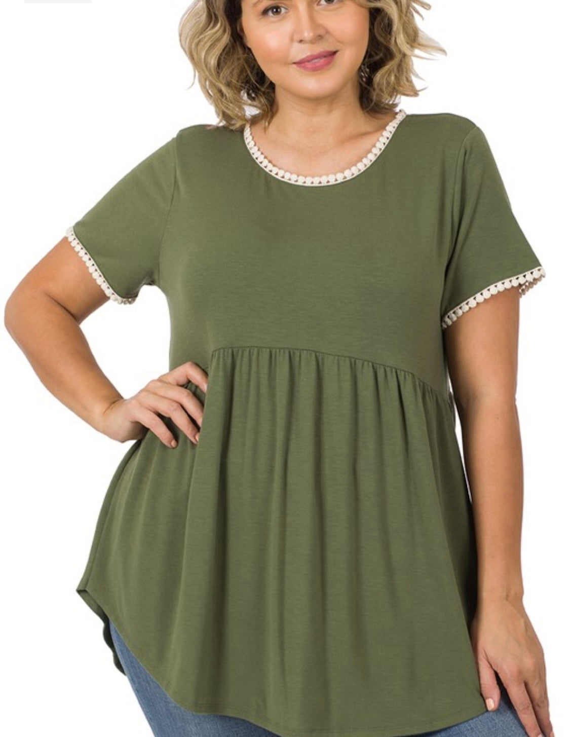 Zenana Olive Green with Trim Short Sleeve Top