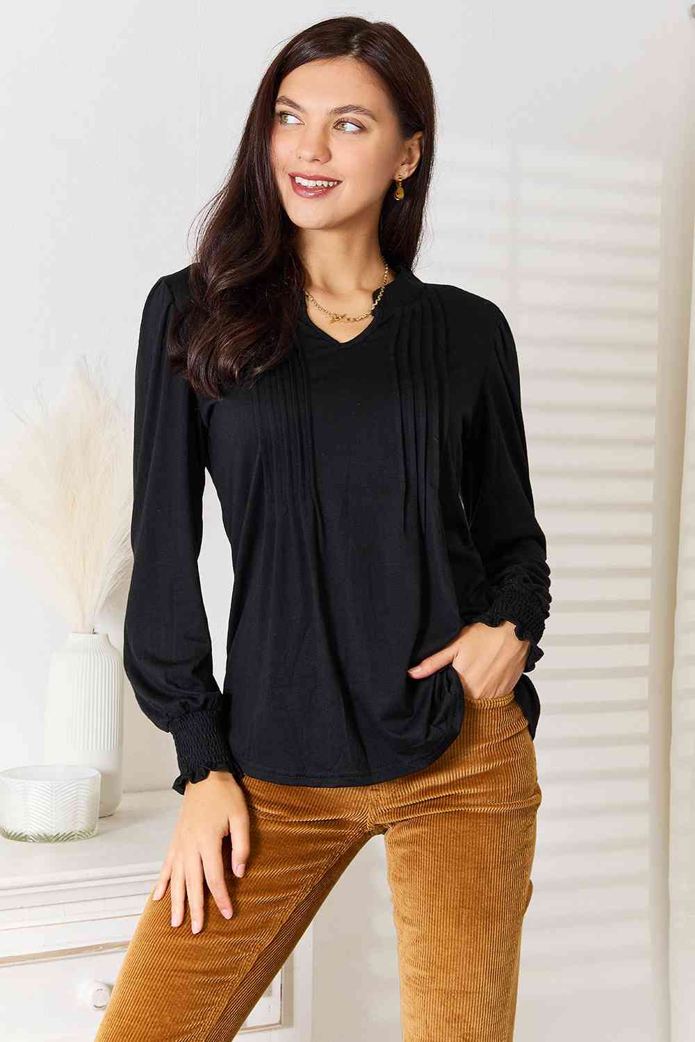 Double Take Ruched Notched Neck Puff Sleeve Blouse