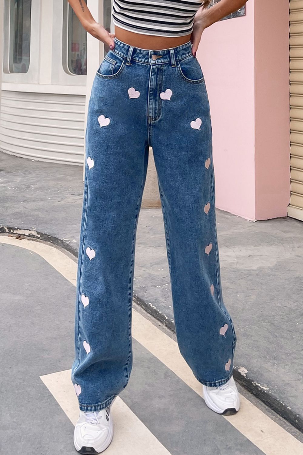 Heart Print Button Fly Jeans
