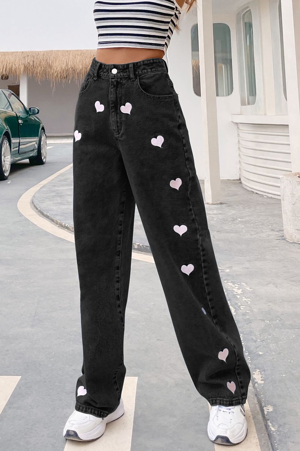 Heart Print Button Fly Jeans